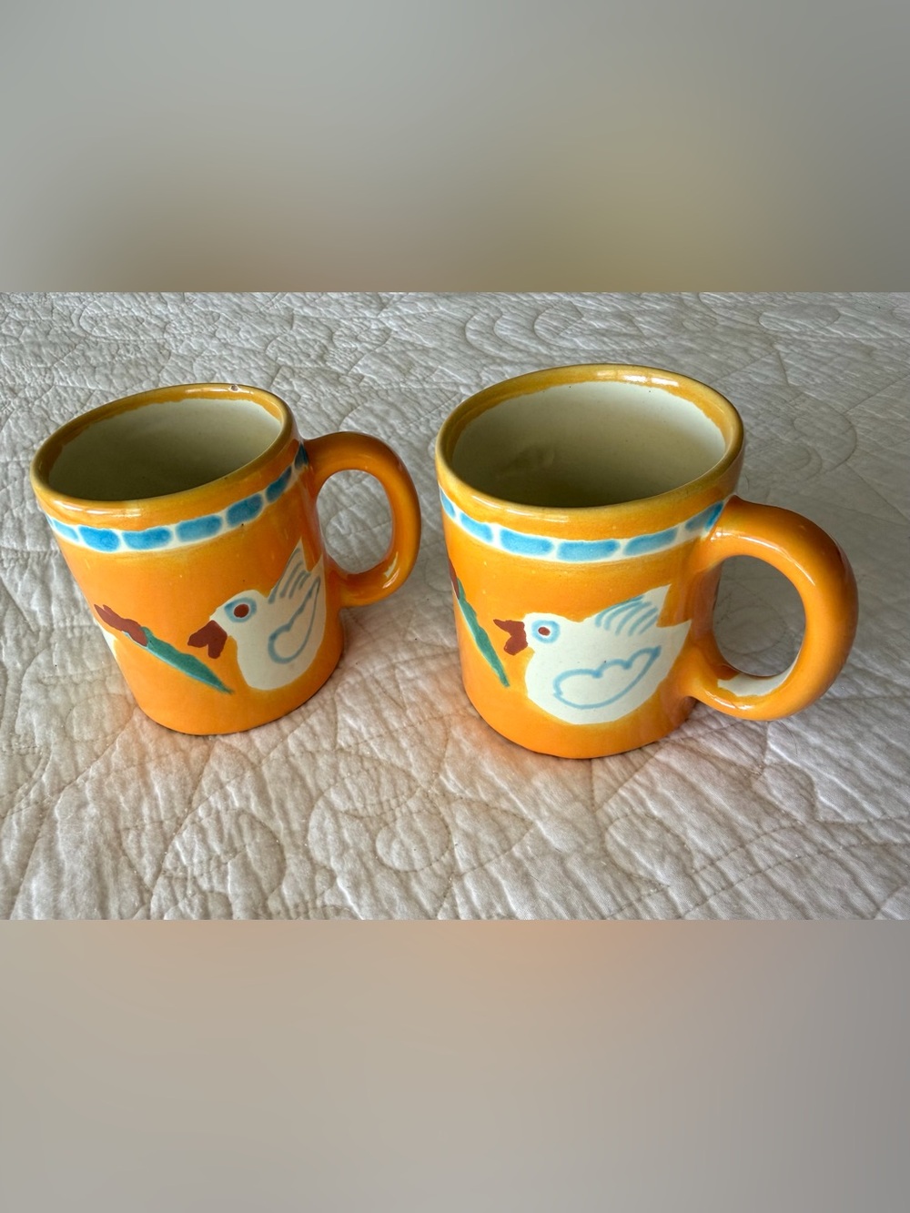 SET OF 2 Handmade Mexican Folk Art Bird Ceramic Mugs by Artist JMB, Golden